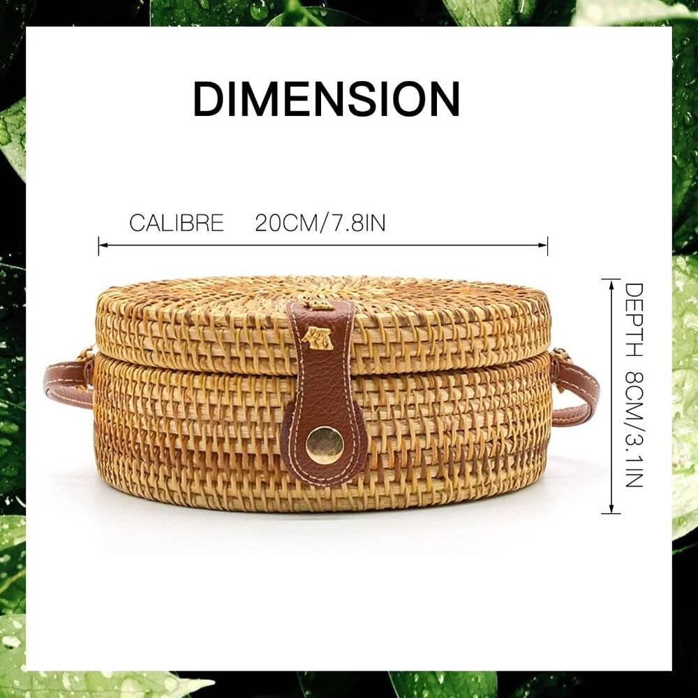 Handwoven Round Rattan Bag Women Beach Straw Crossbody Bag Chic Shoulder Bag wit - Picture 3 of 6